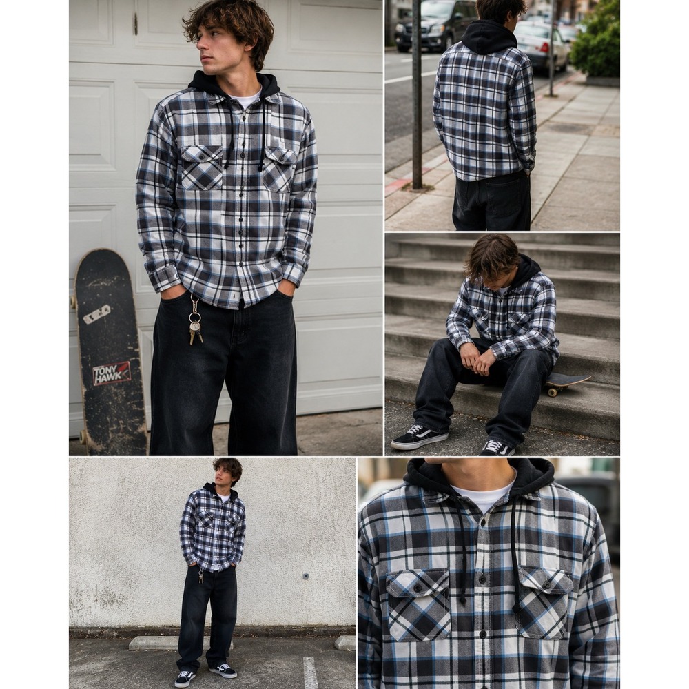 Tony Hawk Mens Blue Plaid Hooded Flannel Shirt Long Sleeve Size M Skateboarding